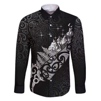 Maori Matariki Family Matching Off The Shoulder Long Sleeve Dress and Hawaiian Shirt Landscape Styled Fern - Monochrome LT7 Dad's Shirt - Long Sleeve Black - Polynesian Pride