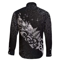 Maori Matariki Family Matching Off The Shoulder Long Sleeve Dress and Hawaiian Shirt Landscape Styled Fern - Monochrome LT7 - Polynesian Pride