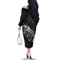 Maori Matariki Family Matching Off The Shoulder Long Sleeve Dress and Hawaiian Shirt Landscape Styled Fern - Monochrome LT7 - Polynesian Pride