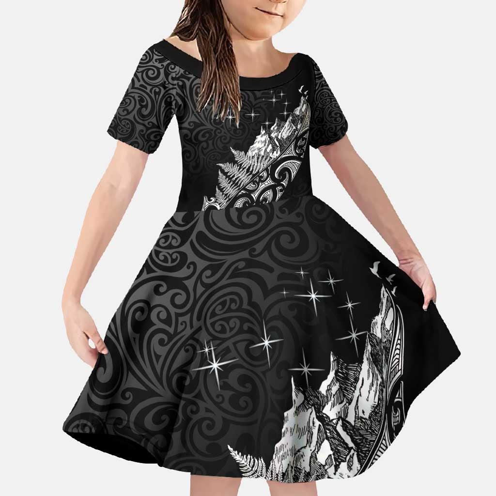Maori Matariki Family Matching Off Shoulder Maxi Dress and Hawaiian Shirt Landscape Styled Fern - Monochrome LT7 Daughter's Dress Black - Polynesian Pride