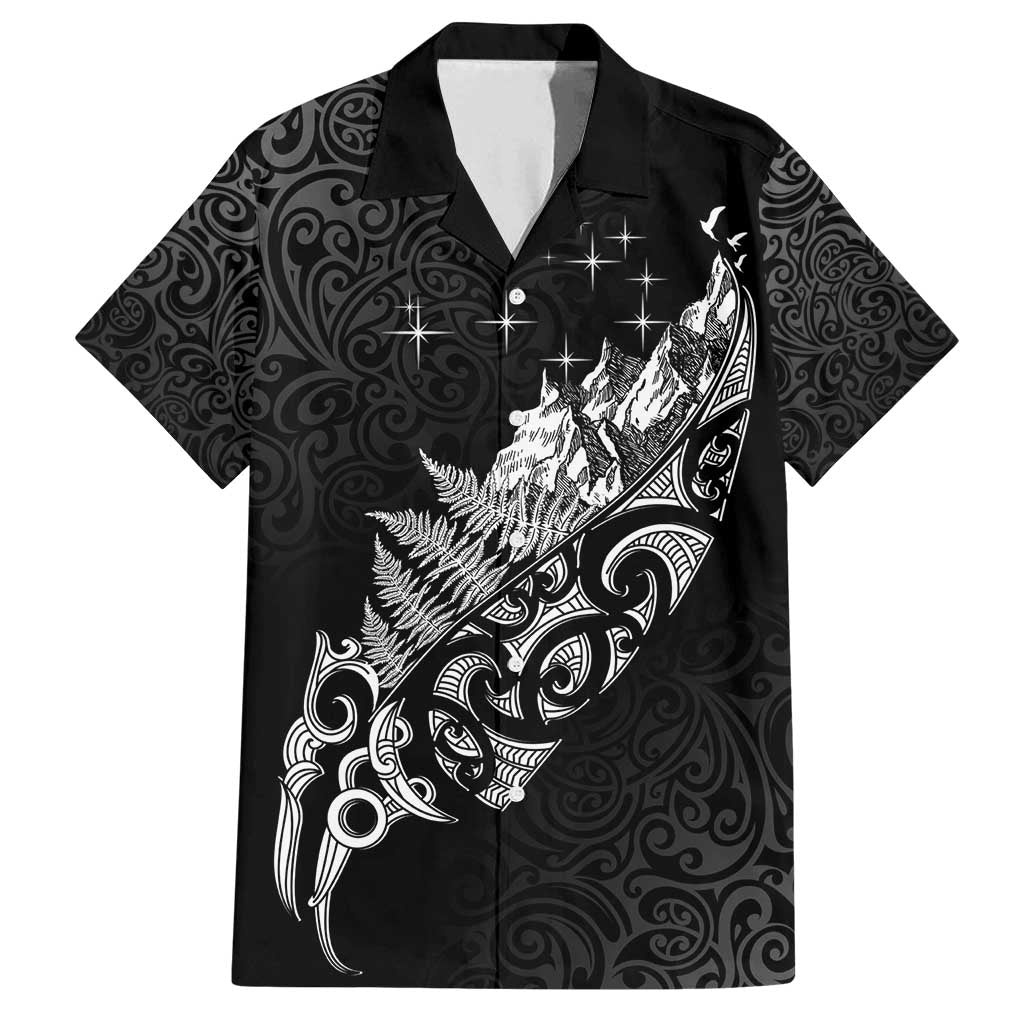 Maori Matariki Family Matching Off Shoulder Maxi Dress and Hawaiian Shirt Landscape Styled Fern - Monochrome LT7 Dad's Shirt - Short Sleeve Black - Polynesian Pride