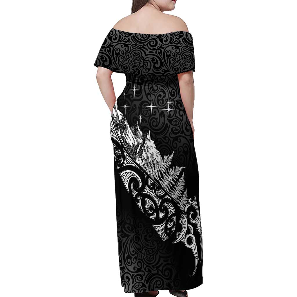 Maori Matariki Family Matching Off Shoulder Maxi Dress and Hawaiian Shirt Landscape Styled Fern - Monochrome LT7 - Polynesian Pride