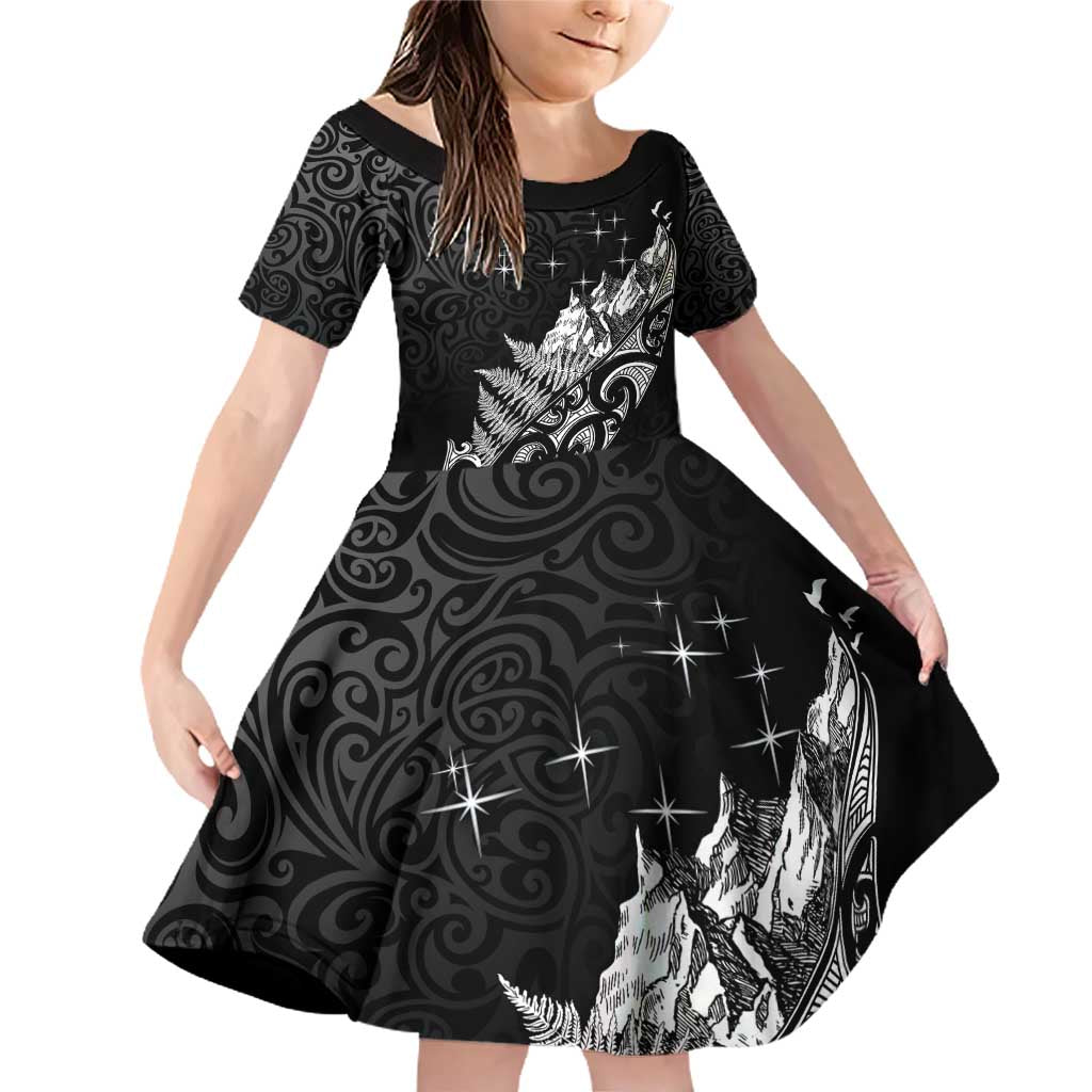 Maori Matariki Family Matching Off Shoulder Short Dress and Hawaiian Shirt Landscape Styled Fern - Monochrome LT7 Daughter's Dress Black - Polynesian Pride