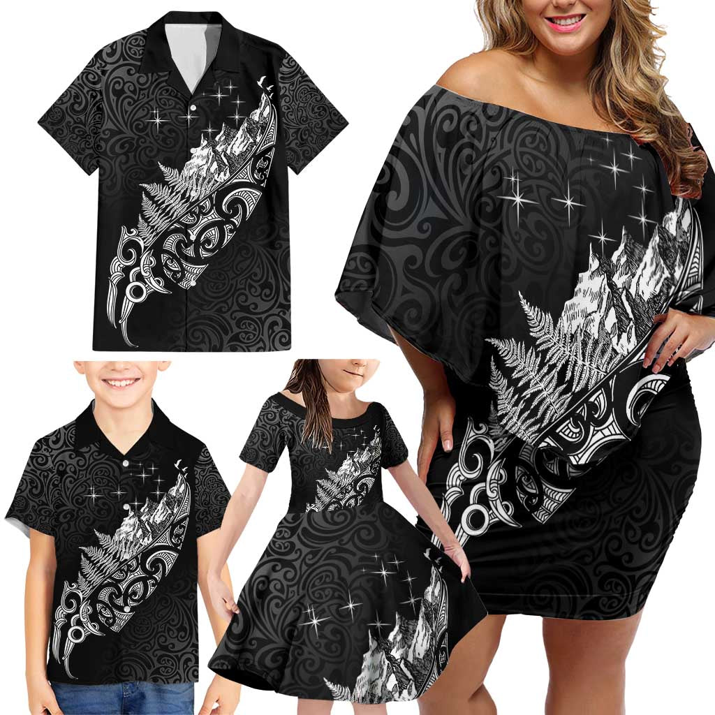 Maori Matariki Family Matching Off Shoulder Short Dress and Hawaiian Shirt Landscape Styled Fern - Monochrome LT7 - Polynesian Pride