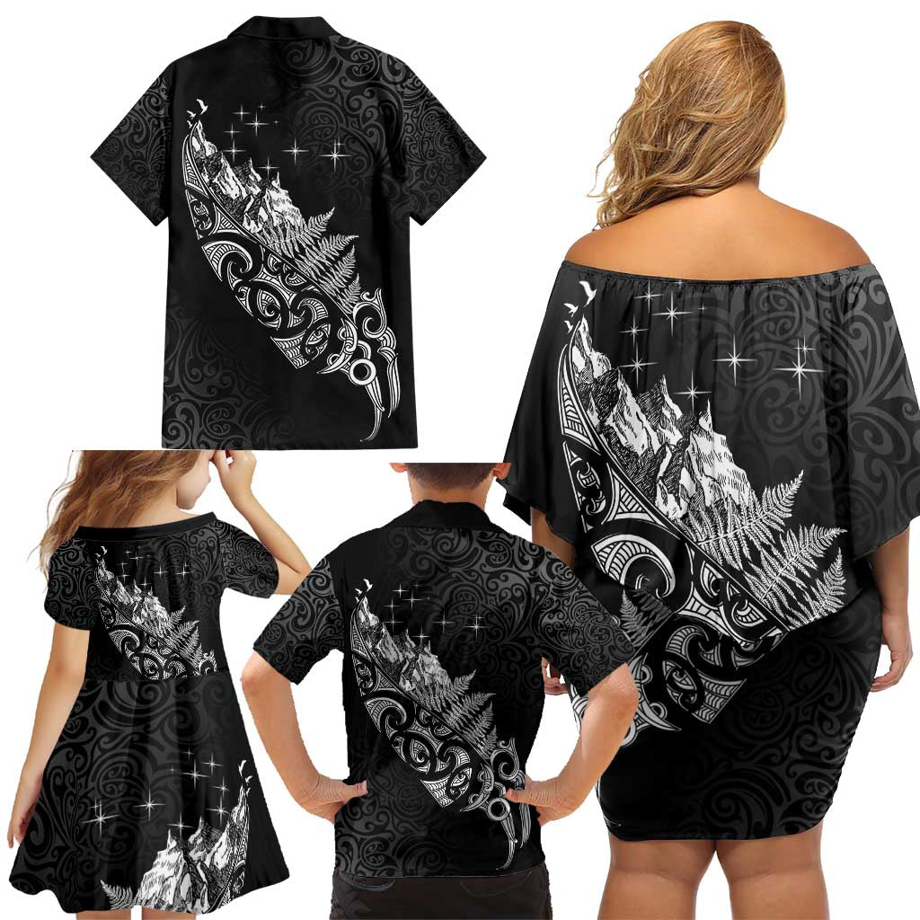 Maori Matariki Family Matching Off Shoulder Short Dress and Hawaiian Shirt Landscape Styled Fern - Monochrome LT7 - Polynesian Pride