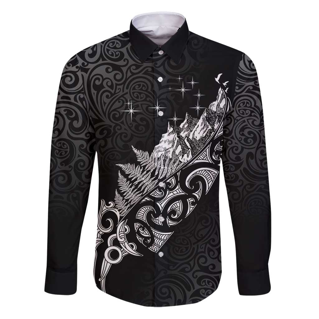 Maori Matariki Family Matching Puletasi and Hawaiian Shirt Landscape Styled Fern - Monochrome LT7 Dad's Shirt - Long Sleeve Black - Polynesian Pride