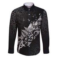 Maori Matariki Family Matching Puletasi and Hawaiian Shirt Landscape Styled Fern - Monochrome LT7 Dad's Shirt - Long Sleeve Black - Polynesian Pride