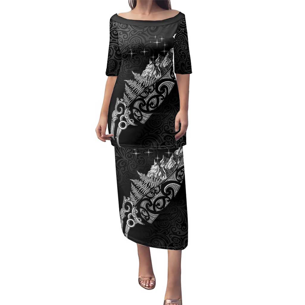 Maori Matariki Family Matching Puletasi and Hawaiian Shirt Landscape Styled Fern - Monochrome LT7 Mom's Dress Black - Polynesian Pride