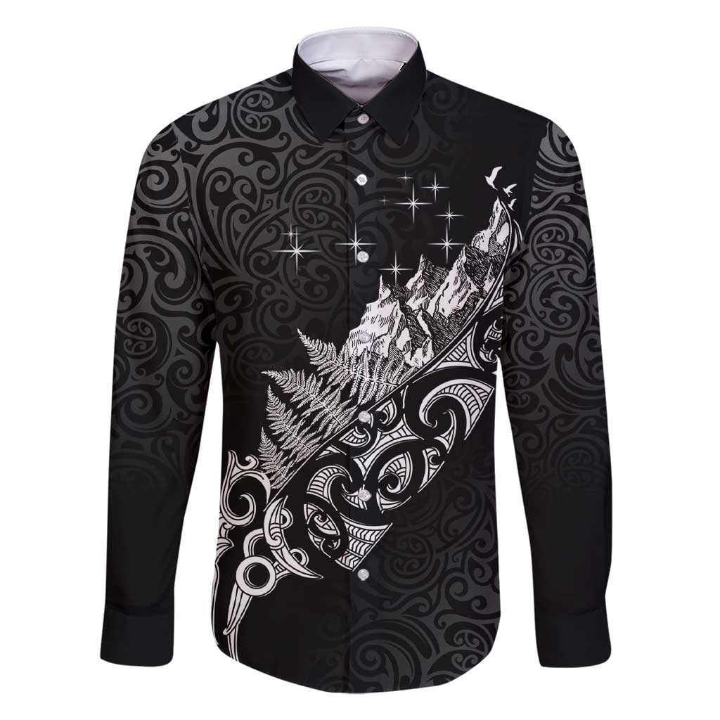 Maori Matariki Family Matching Short Sleeve Bodycon Dress and Hawaiian Shirt Landscape Styled Fern - Monochrome LT7 Dad's Shirt - Long Sleeve Black - Polynesian Pride