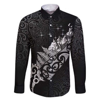 Maori Matariki Family Matching Short Sleeve Bodycon Dress and Hawaiian Shirt Landscape Styled Fern - Monochrome LT7 Dad's Shirt - Long Sleeve Black - Polynesian Pride