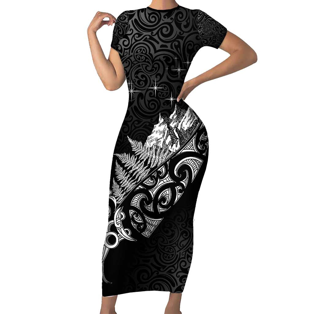 Maori Matariki Family Matching Short Sleeve Bodycon Dress and Hawaiian Shirt Landscape Styled Fern - Monochrome LT7 Mom's Dress Black - Polynesian Pride