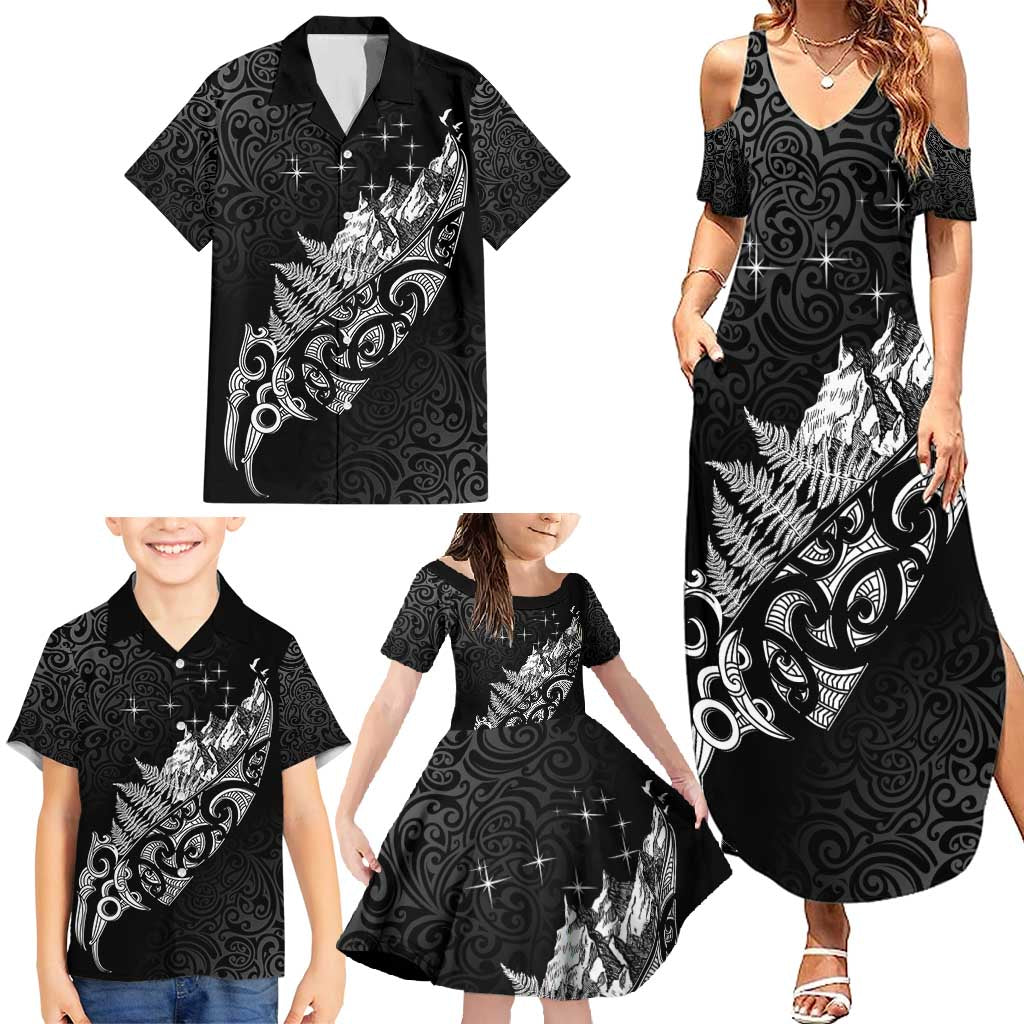 Maori Matariki Family Matching Summer Maxi Dress and Hawaiian Shirt Landscape Styled Fern - Monochrome LT7 - Polynesian Pride