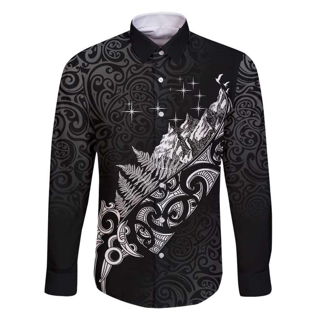 Maori Matariki Family Matching Summer Maxi Dress and Hawaiian Shirt Landscape Styled Fern - Monochrome LT7 Dad's Shirt - Long Sleeve Black - Polynesian Pride