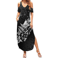 Maori Matariki Family Matching Summer Maxi Dress and Hawaiian Shirt Landscape Styled Fern - Monochrome LT7 Mom's Dress Black - Polynesian Pride