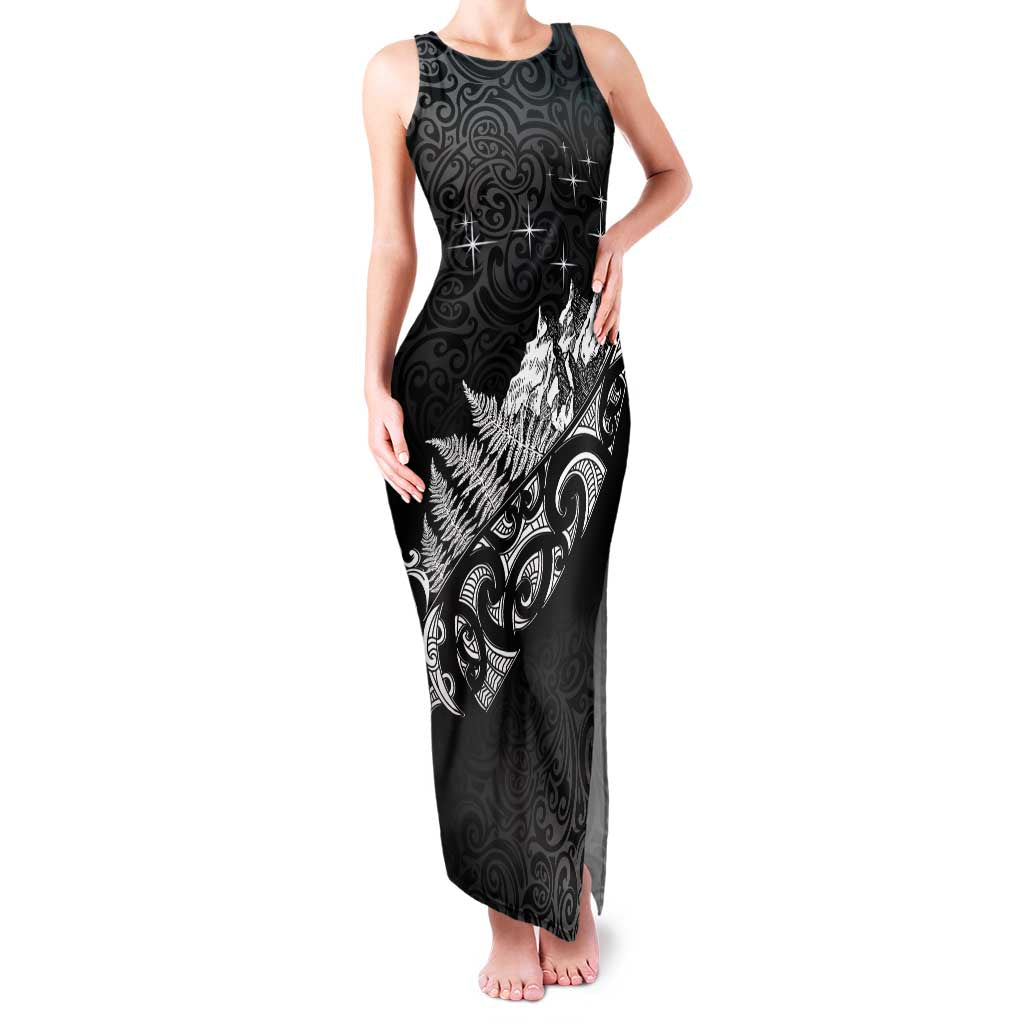 Maori Matariki Family Matching Tank Maxi Dress and Hawaiian Shirt Landscape Styled Fern - Monochrome LT7 Mom's Dress Black - Polynesian Pride