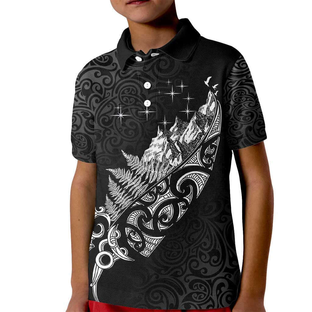 Maori Matariki Kid Polo Shirt Landscape Styled Fern - Monochrome LT7 Kid Black - Polynesian Pride