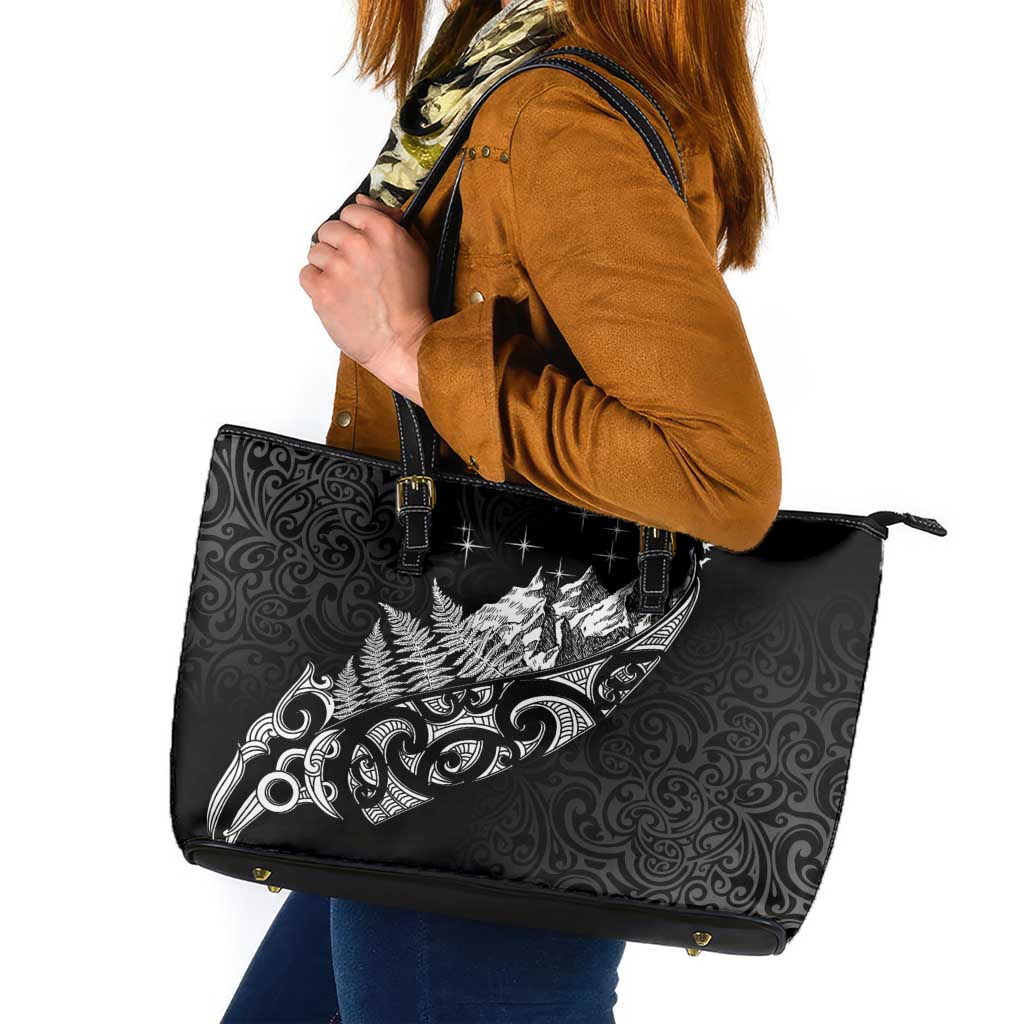 Maori Matariki Leather Tote Bag Landscape Styled Fern - Monochrome LT7 Black - Polynesian Pride