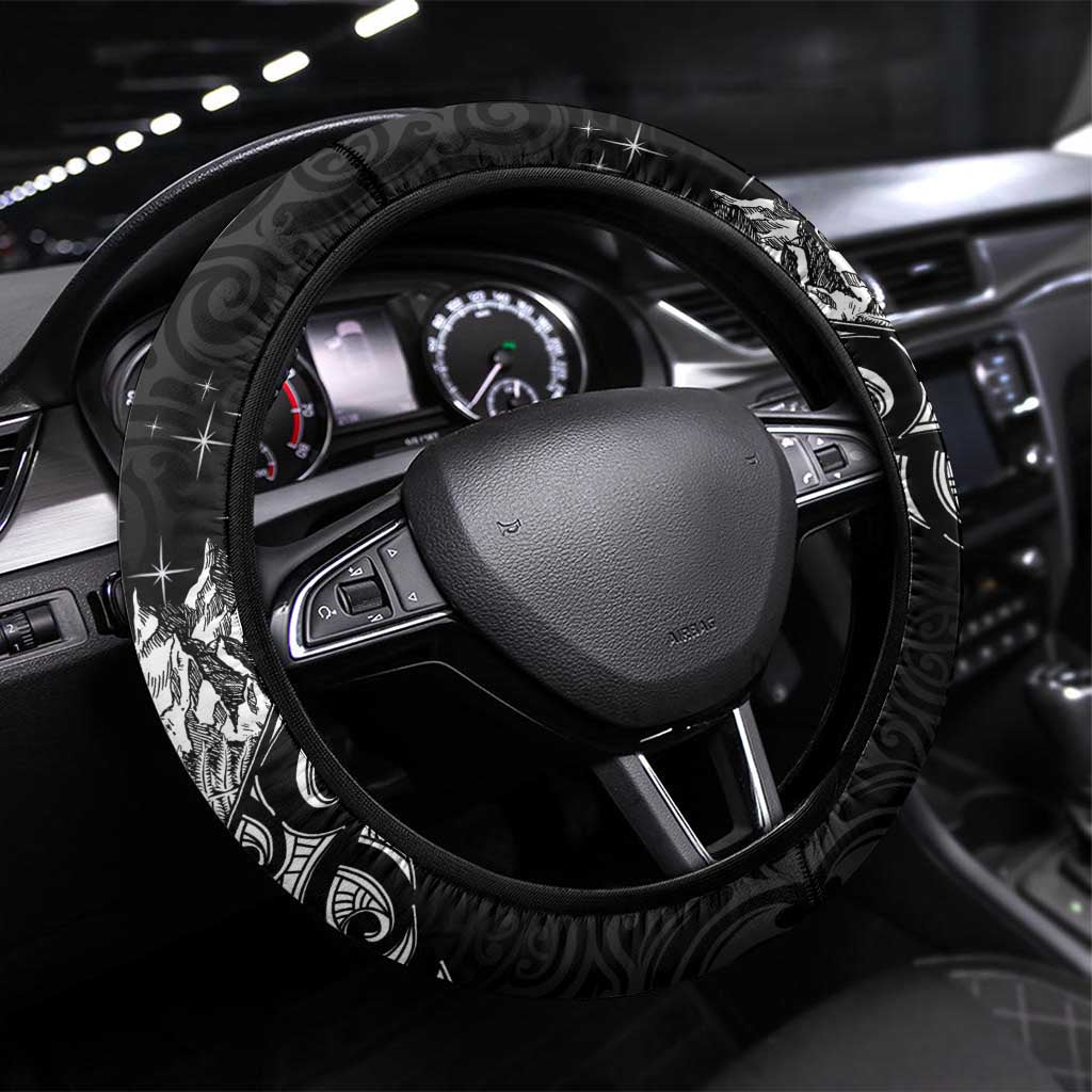 Maori Matariki Steering Wheel Cover Landscape Styled Fern - Monochrome LT7 Universal Fit Black - Polynesian Pride
