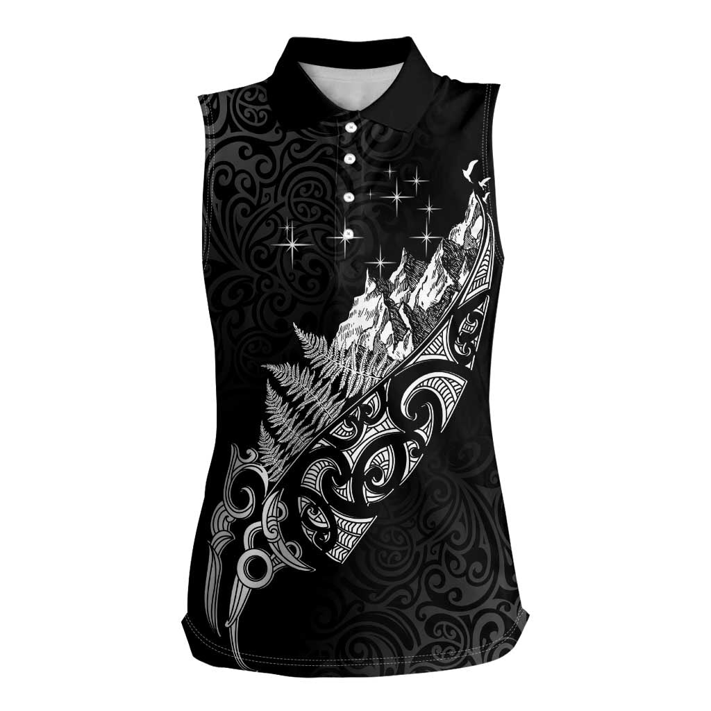 Maori Matariki Women Sleeveless Polo Shirt Landscape Styled Fern - Monochrome LT7 Female Black - Polynesian Pride