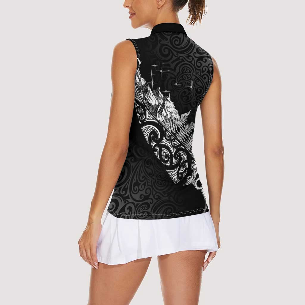 Maori Matariki Women Sleeveless Polo Shirt Landscape Styled Fern - Monochrome LT7 - Polynesian Pride