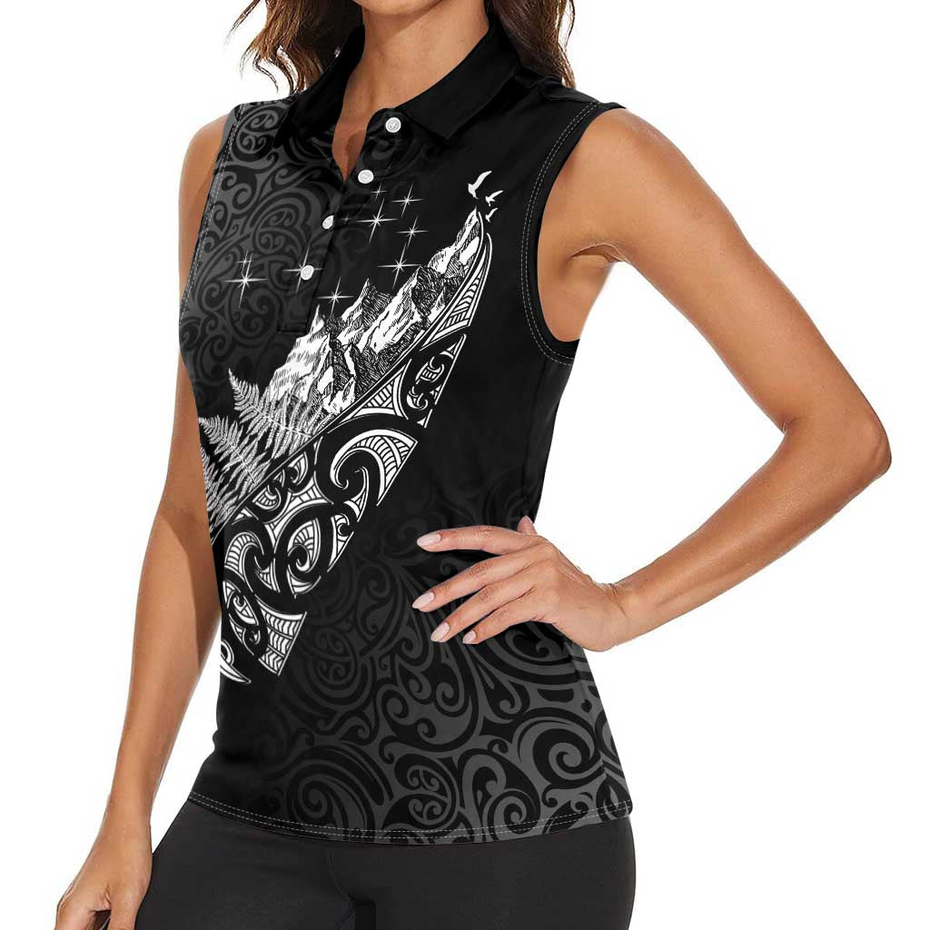 Maori Matariki Women Sleeveless Polo Shirt Landscape Styled Fern - Monochrome LT7 - Polynesian Pride