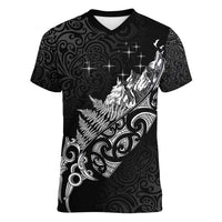 Maori Matariki Women V-Neck T-Shirt Landscape Styled Fern - Monochrome LT7 Female Black - Polynesian Pride