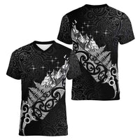 Maori Matariki Women V-Neck T-Shirt Landscape Styled Fern - Monochrome LT7 - Polynesian Pride