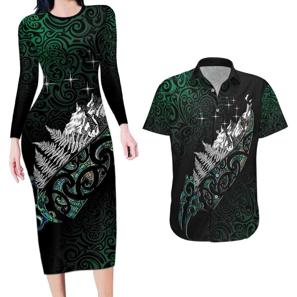 Maori Matariki Couples Matching Long Sleeve Bodycon Dress and Hawaiian Shirt Landscape Styled Fern - Paua Shell LT7 Green - Polynesian Pride