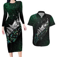 Maori Matariki Couples Matching Long Sleeve Bodycon Dress and Hawaiian Shirt Landscape Styled Fern - Paua Shell LT7 Green - Polynesian Pride