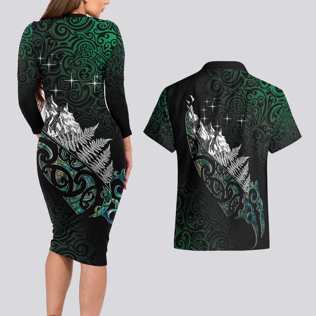Maori Matariki Couples Matching Long Sleeve Bodycon Dress and Hawaiian Shirt Landscape Styled Fern - Paua Shell LT7 - Polynesian Pride