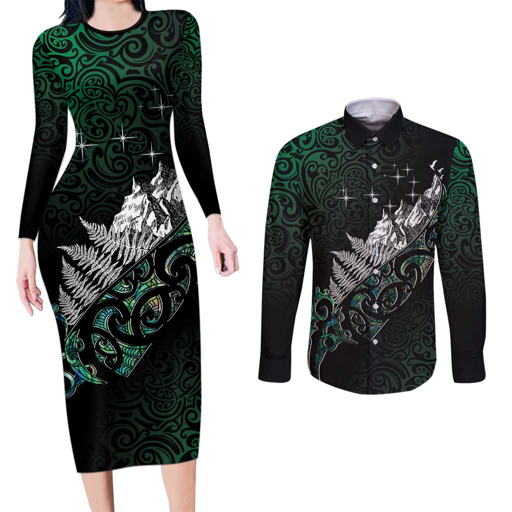 Maori Matariki Couples Matching Long Sleeve Bodycon Dress and Long Sleeve Button Shirt Landscape Styled Fern - Paua Shell LT7 Green - Polynesian Pride