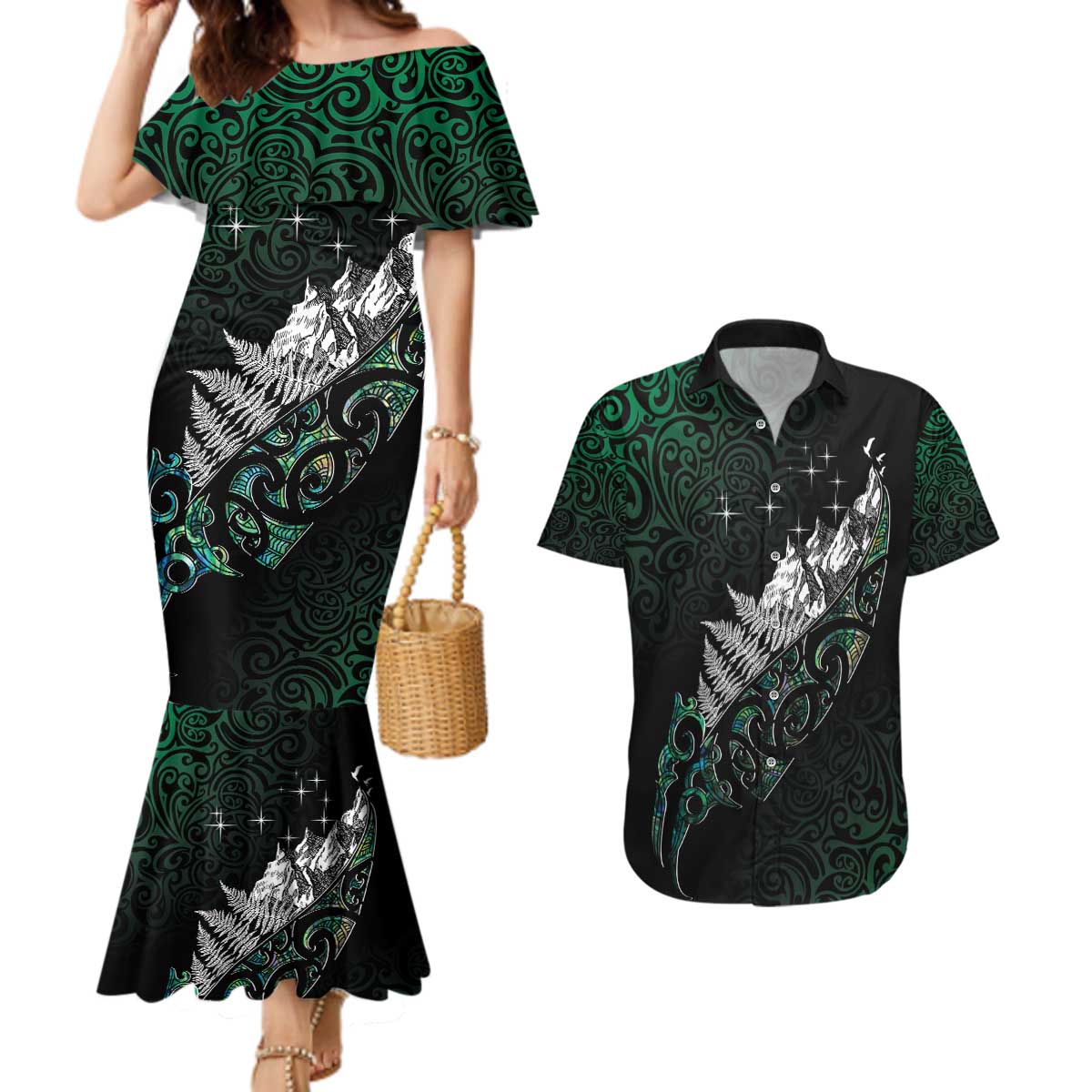 Maori Matariki Couples Matching Mermaid Dress and Hawaiian Shirt Landscape Styled Fern - Paua Shell LT7 Green - Polynesian Pride