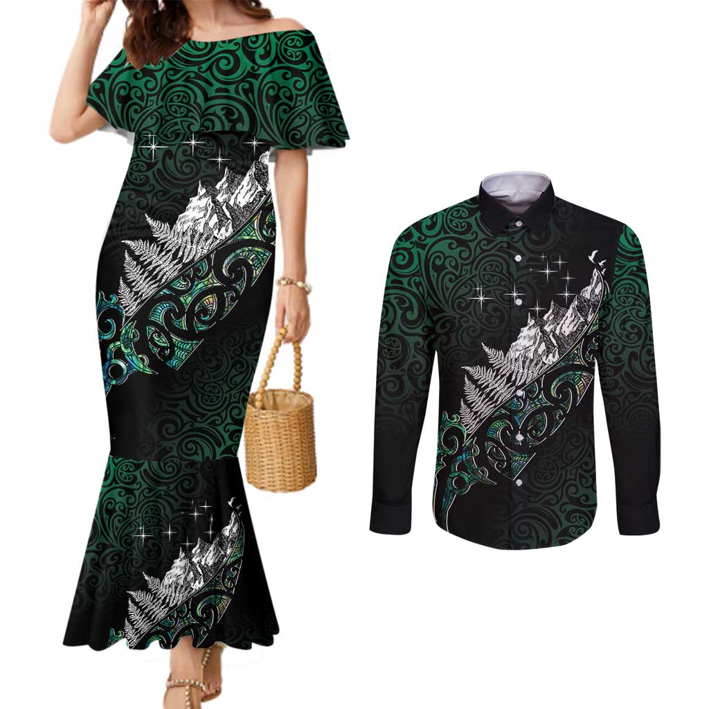 Maori Matariki Couples Matching Mermaid Dress and Long Sleeve Button Shirt Landscape Styled Fern - Paua Shell LT7 Green - Polynesian Pride