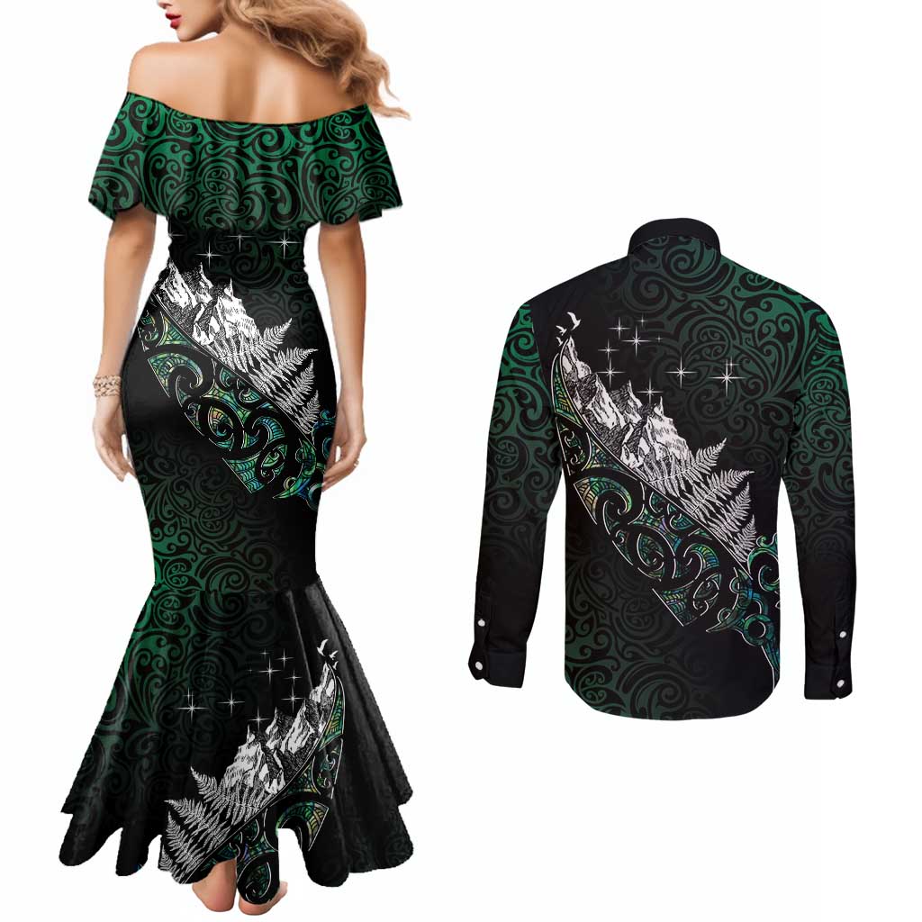 Maori Matariki Couples Matching Mermaid Dress and Long Sleeve Button Shirt Landscape Styled Fern - Paua Shell LT7 - Polynesian Pride