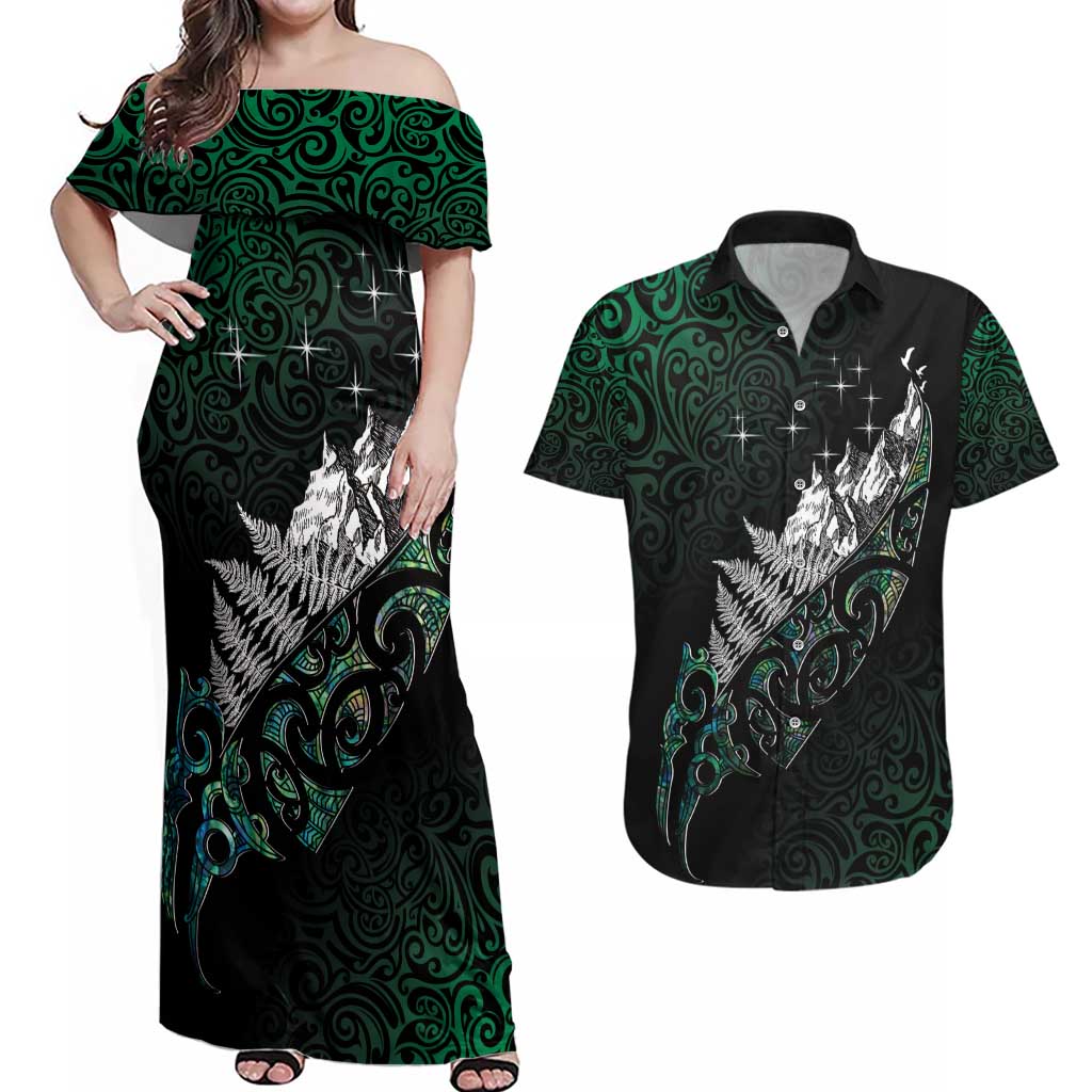 Maori Matariki Couples Matching Off Shoulder Maxi Dress and Hawaiian Shirt Landscape Styled Fern - Paua Shell LT7 Green - Polynesian Pride