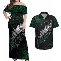 Maori Matariki Couples Matching Off Shoulder Maxi Dress and Hawaiian Shirt Landscape Styled Fern - Paua Shell LT7 Green - Polynesian Pride