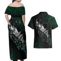 Maori Matariki Couples Matching Off Shoulder Maxi Dress and Hawaiian Shirt Landscape Styled Fern - Paua Shell LT7 - Polynesian Pride