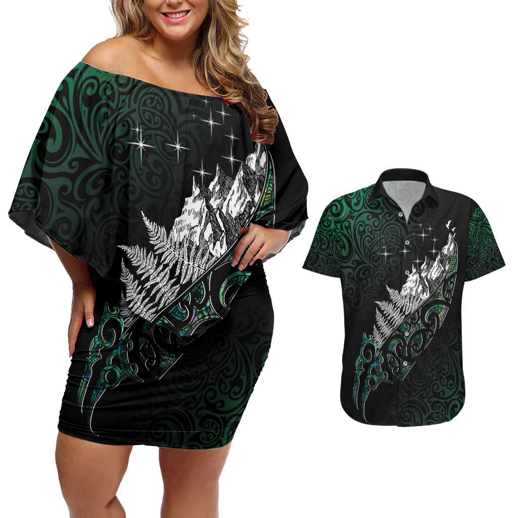 Maori Matariki Couples Matching Off Shoulder Short Dress and Hawaiian Shirt Landscape Styled Fern - Paua Shell LT7 Green - Polynesian Pride