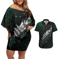Maori Matariki Couples Matching Off Shoulder Short Dress and Hawaiian Shirt Landscape Styled Fern - Paua Shell LT7 Green - Polynesian Pride