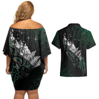 Maori Matariki Couples Matching Off Shoulder Short Dress and Hawaiian Shirt Landscape Styled Fern - Paua Shell LT7 - Polynesian Pride