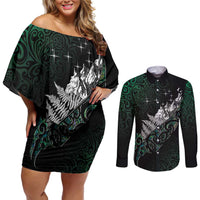 Maori Matariki Couples Matching Off Shoulder Short Dress and Long Sleeve Button Shirt Landscape Styled Fern - Paua Shell LT7 Green - Polynesian Pride