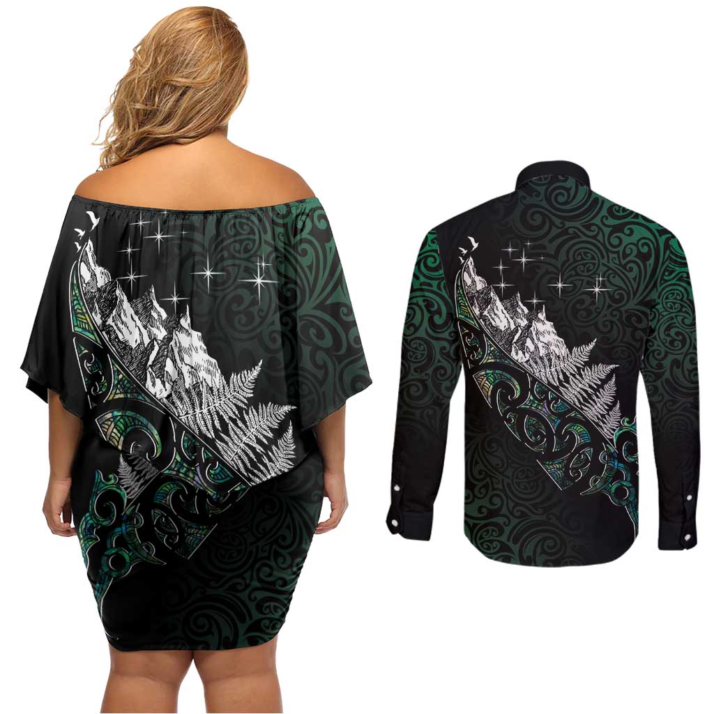 Maori Matariki Couples Matching Off Shoulder Short Dress and Long Sleeve Button Shirt Landscape Styled Fern - Paua Shell LT7 - Polynesian Pride