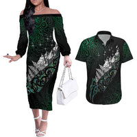 Maori Matariki Couples Matching Off The Shoulder Long Sleeve Dress and Hawaiian Shirt Landscape Styled Fern - Paua Shell LT7 Green - Polynesian Pride