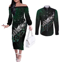 Maori Matariki Couples Matching Off The Shoulder Long Sleeve Dress and Long Sleeve Button Shirt Landscape Styled Fern - Paua Shell LT7 Green - Polynesian Pride