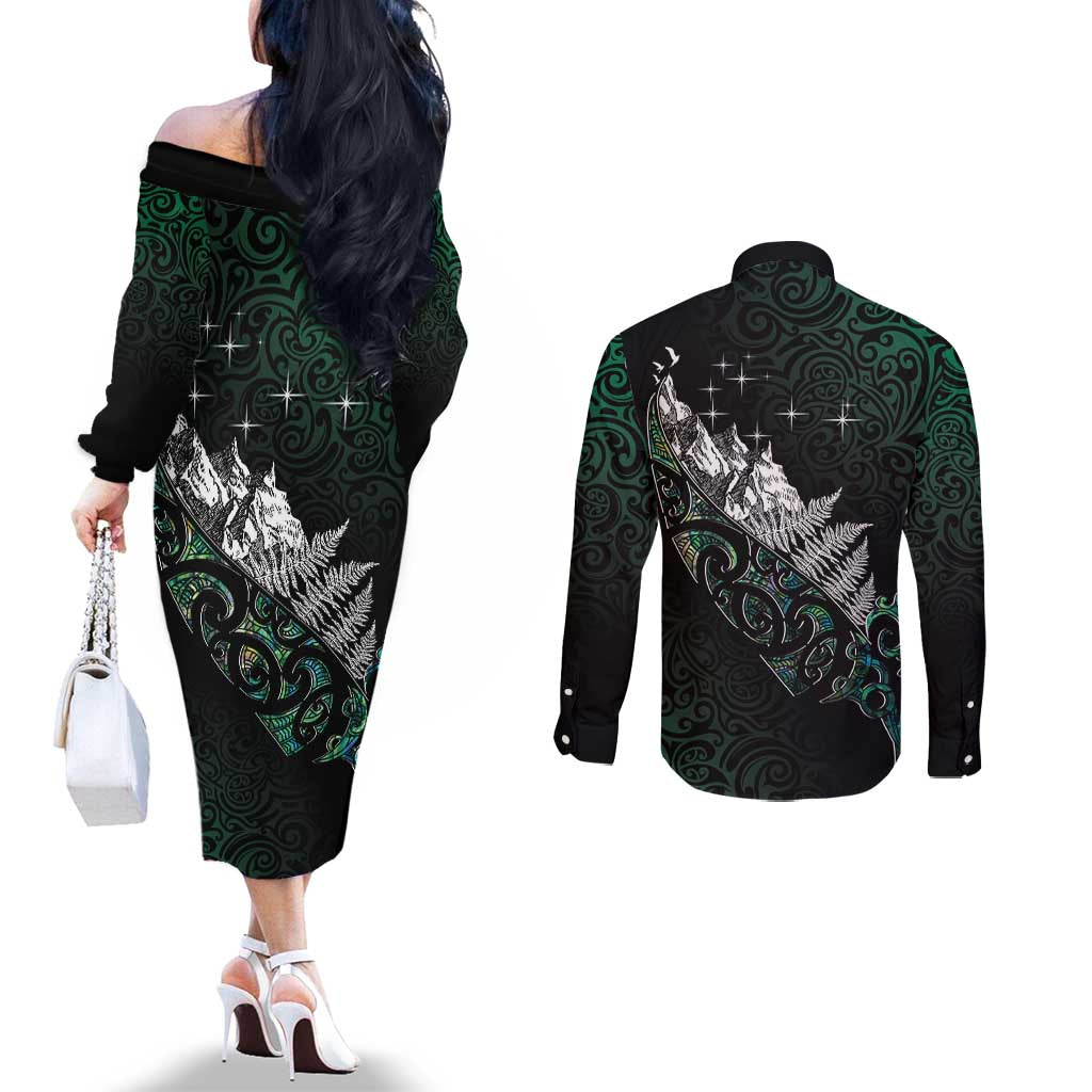 Maori Matariki Couples Matching Off The Shoulder Long Sleeve Dress and Long Sleeve Button Shirt Landscape Styled Fern - Paua Shell LT7 - Polynesian Pride