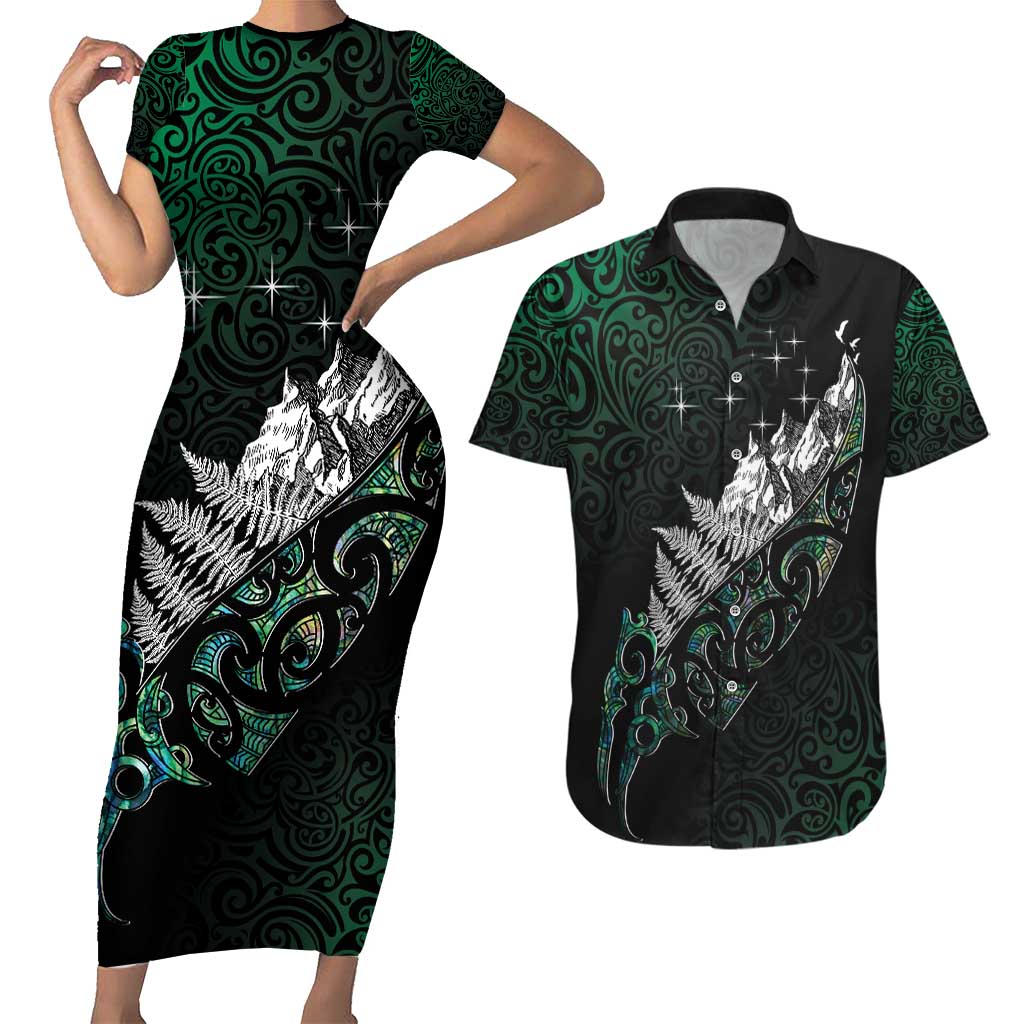 Maori Matariki Couples Matching Short Sleeve Bodycon Dress and Hawaiian Shirt Landscape Styled Fern - Paua Shell LT7 Green - Polynesian Pride