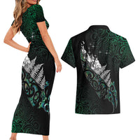 Maori Matariki Couples Matching Short Sleeve Bodycon Dress and Hawaiian Shirt Landscape Styled Fern - Paua Shell LT7 - Polynesian Pride