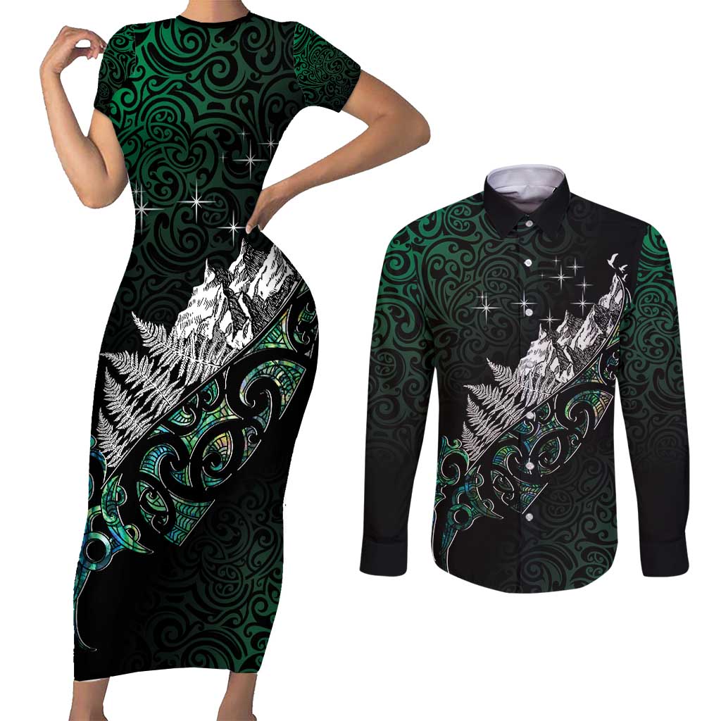 Maori Matariki Couples Matching Short Sleeve Bodycon Dress and Long Sleeve Button Shirt Landscape Styled Fern - Paua Shell LT7 Green - Polynesian Pride