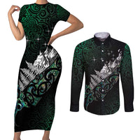 Maori Matariki Couples Matching Short Sleeve Bodycon Dress and Long Sleeve Button Shirt Landscape Styled Fern - Paua Shell LT7 Green - Polynesian Pride