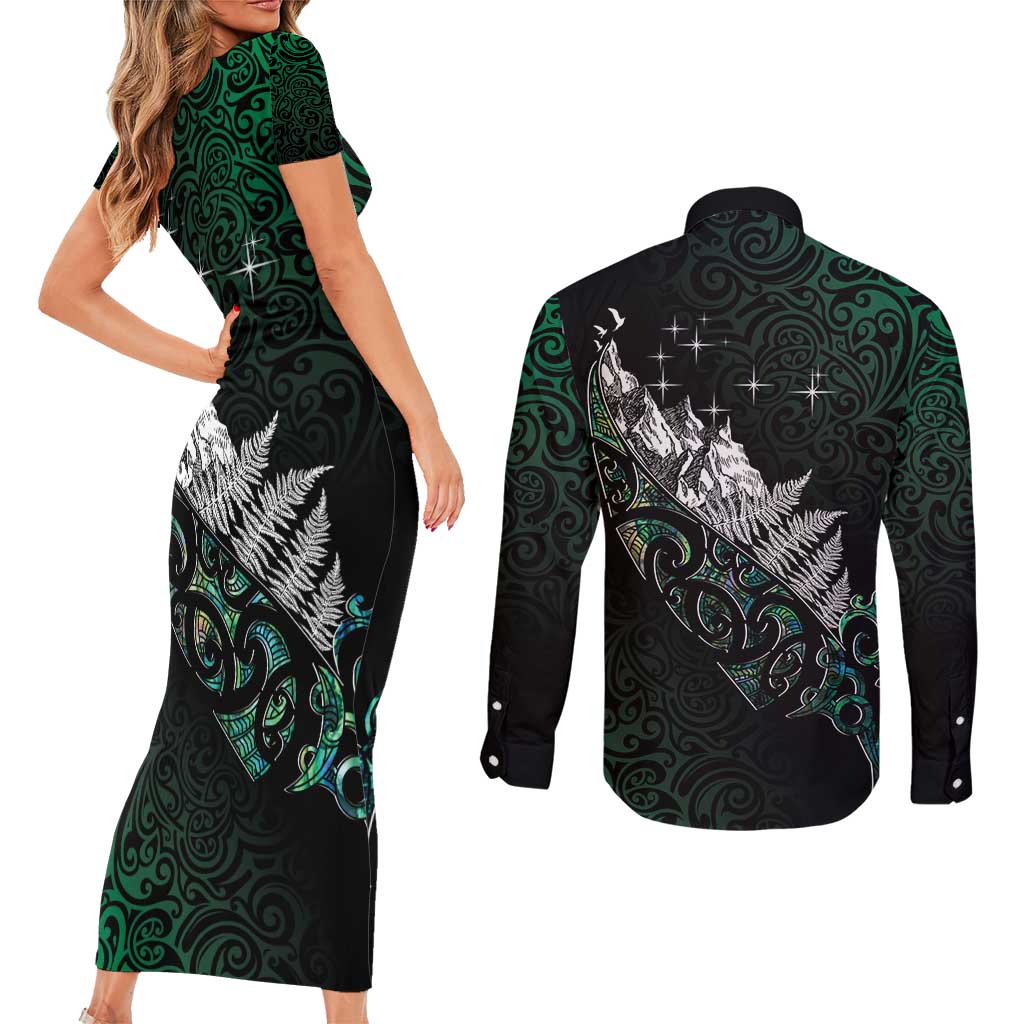Maori Matariki Couples Matching Short Sleeve Bodycon Dress and Long Sleeve Button Shirt Landscape Styled Fern - Paua Shell LT7 - Polynesian Pride
